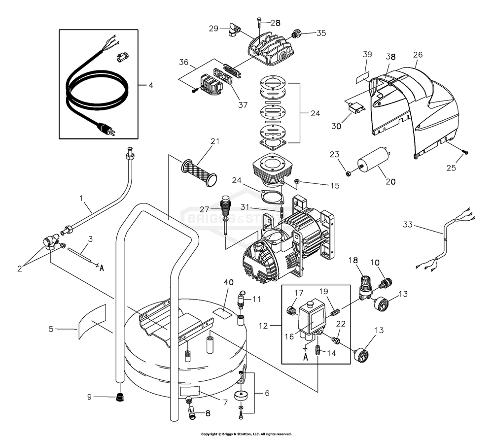 Main Unit Diagram and Parts List for 074000-0  Briggs and Stratton Compressor